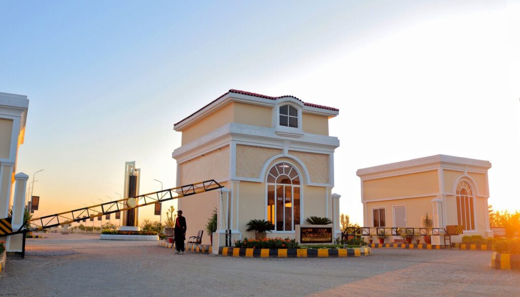 Gatehouses at the Green Mansions entrance in evening light