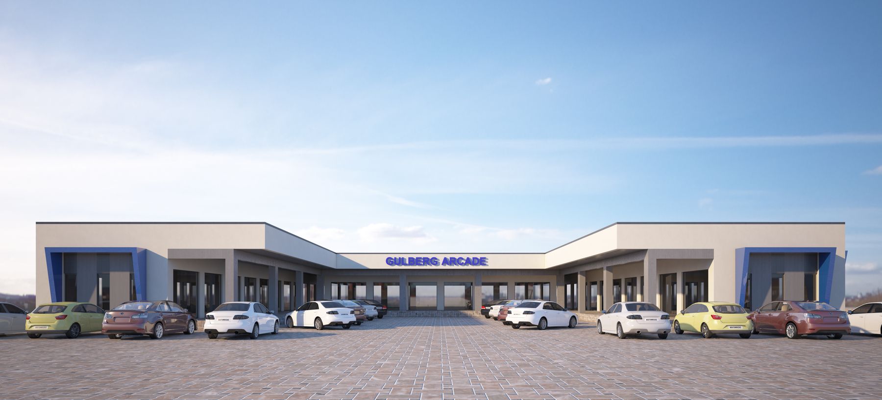 Gulberg Arcade shops with cars parked in front