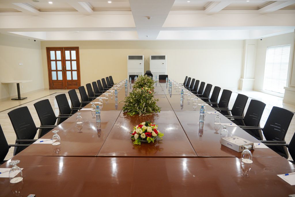 The conference room set for a meeting